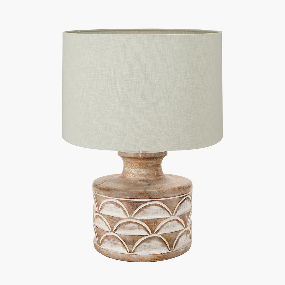 Kingsbury White Wash Large Carved Wood Table Lamp Base with Lino 40cm Cream Self Lined Linen Cylinder Lampshade