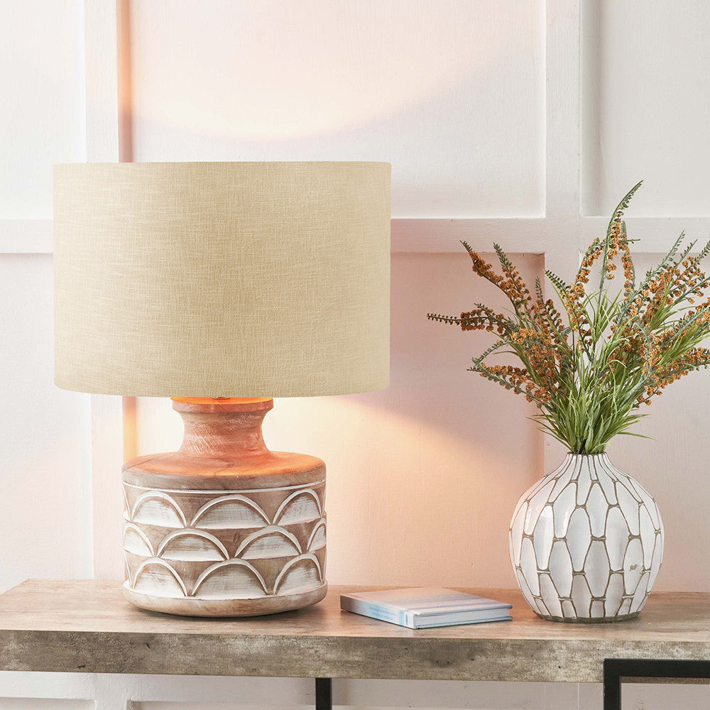Kingsbury White Wash Large Carved Wood Table Lamp Base with Lino 40cm Cream Self Lined Linen Cylinder Lampshade