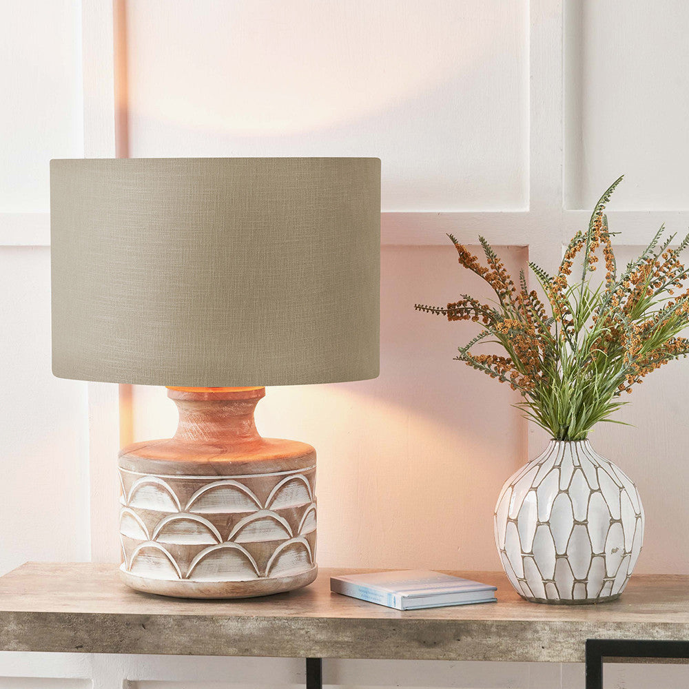 Kingsbury White Wash Large Carved Wood Table Lamp Base with Lino 40cm Grey Self Lined Linen Cylinder Lampshade