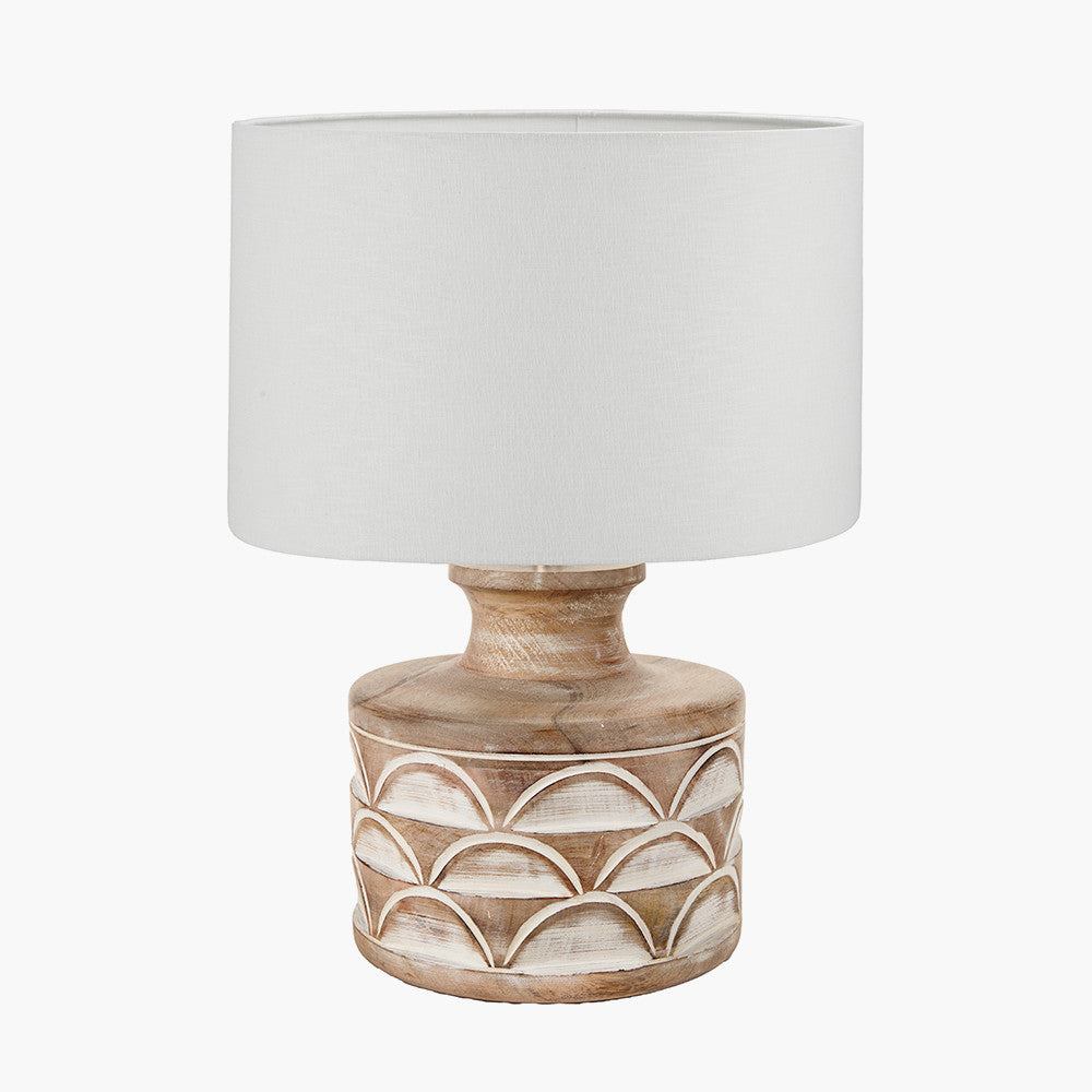 Kingsbury White Wash Large Carved Wood Table Lamp Base with Lino 40cm White Self Lined Linen Cylinder Lampshade