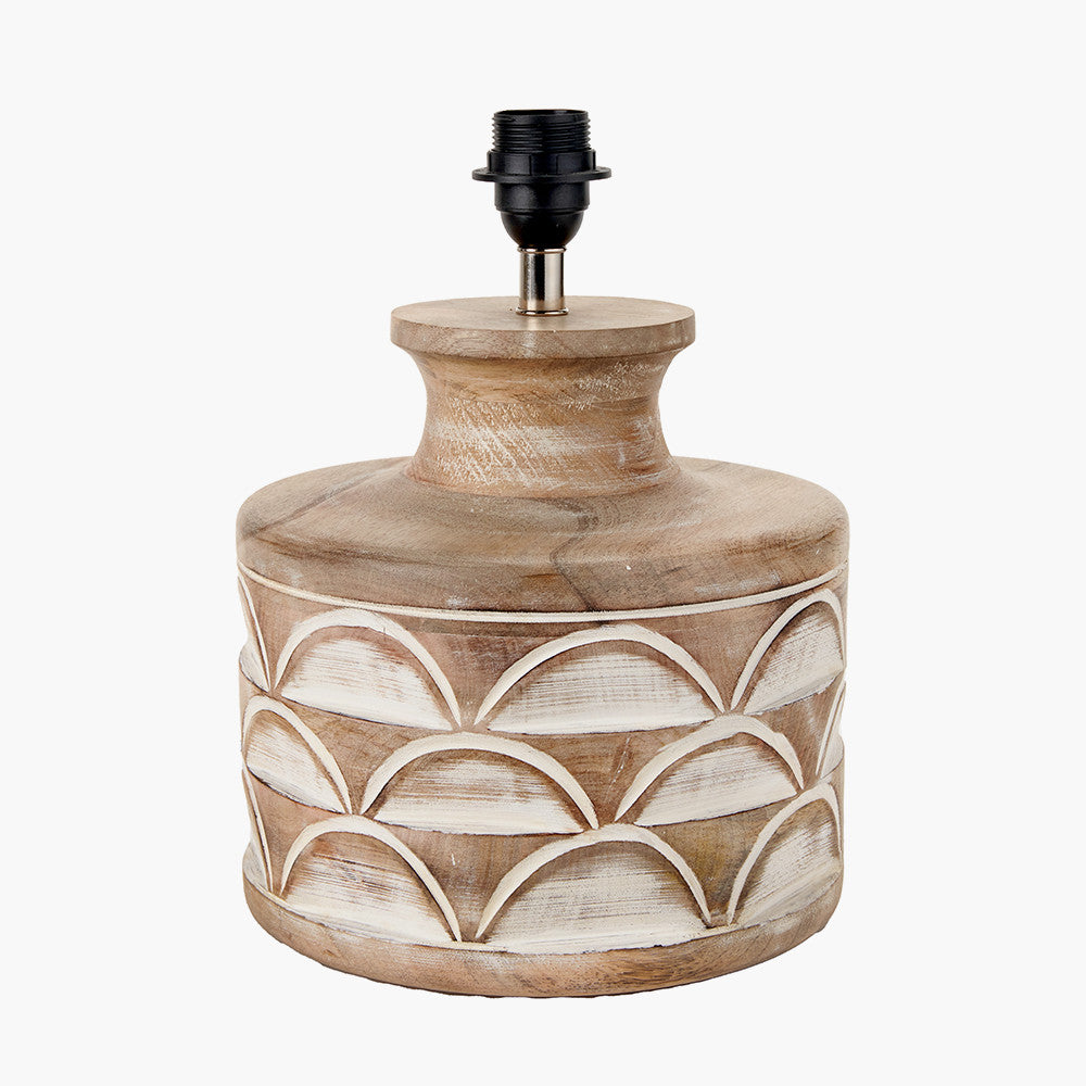 Kingsbury White Wash Large Carved Wood Table Lamp Base with Lino 40cm White Self Lined Linen Cylinder Lampshade