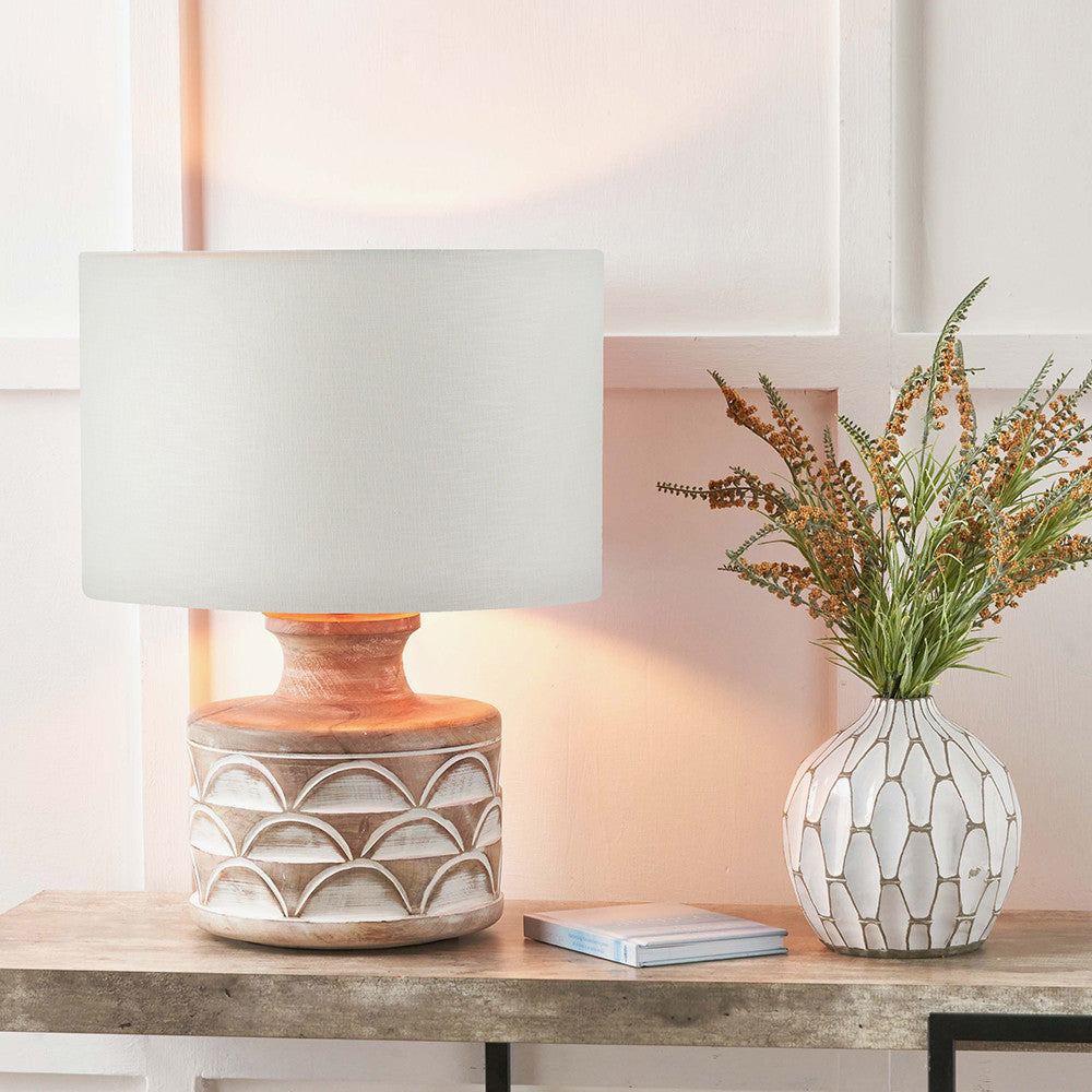 Kingsbury White Wash Large Carved Wood Table Lamp Base with Lino 40cm White Self Lined Linen Cylinder Lampshade