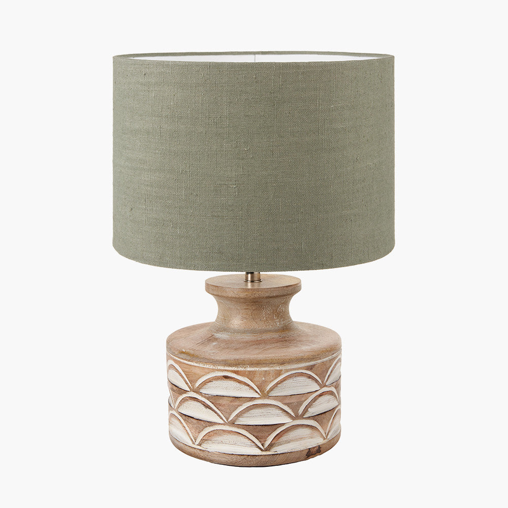 Kingsbury White Wash Carved Wood Table Lamp Base with Edward 30cm Pistachio Green Linen Cylinder Lampshade