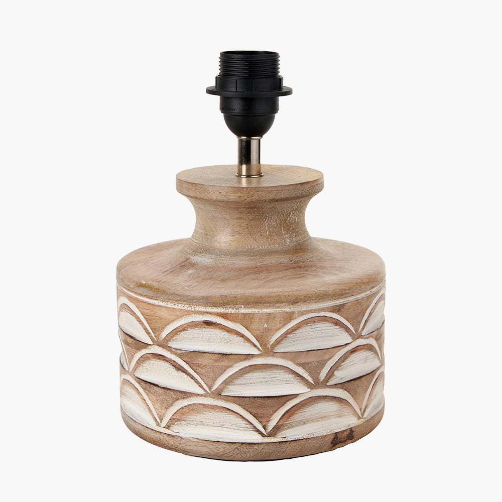 Kingsbury White Wash Carved Wood Table Lamp Base with Lino 30cm Cream Self Lined Linen Cylinder Lampshade