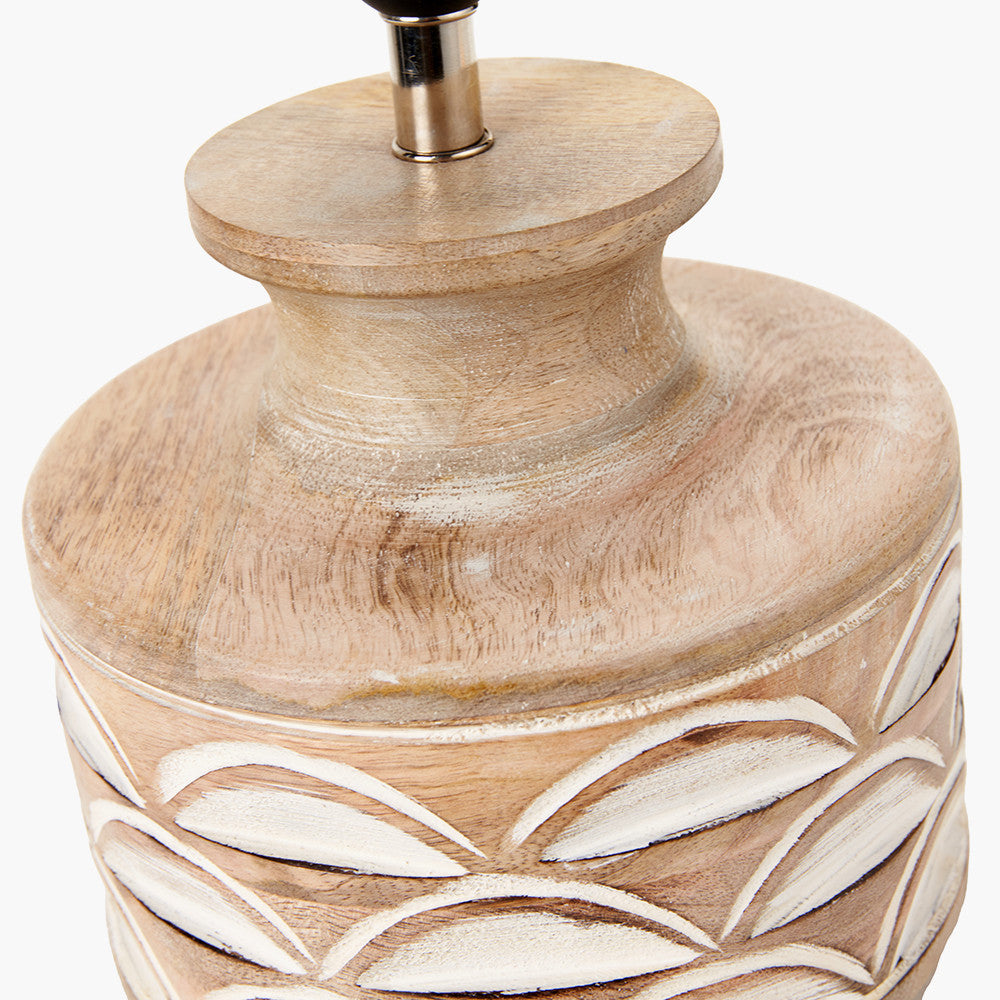 Kingsbury White Wash Carved Wood Table Lamp Base with Lino 30cm Cream Self Lined Linen Cylinder Lampshade