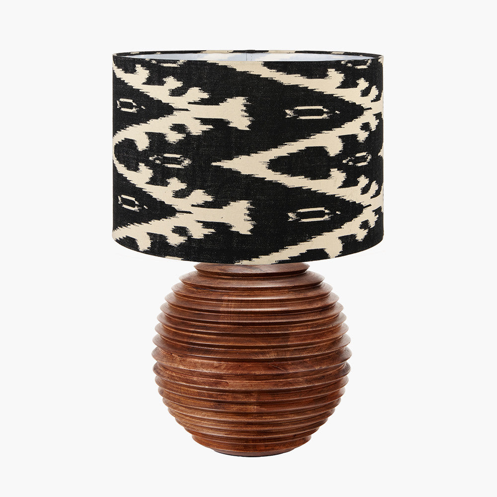 Pembury Brown Wash Large Turned Wood Table Lamp Base with Lars 40cm Black Ikat Patterned Cylinder Lampshade