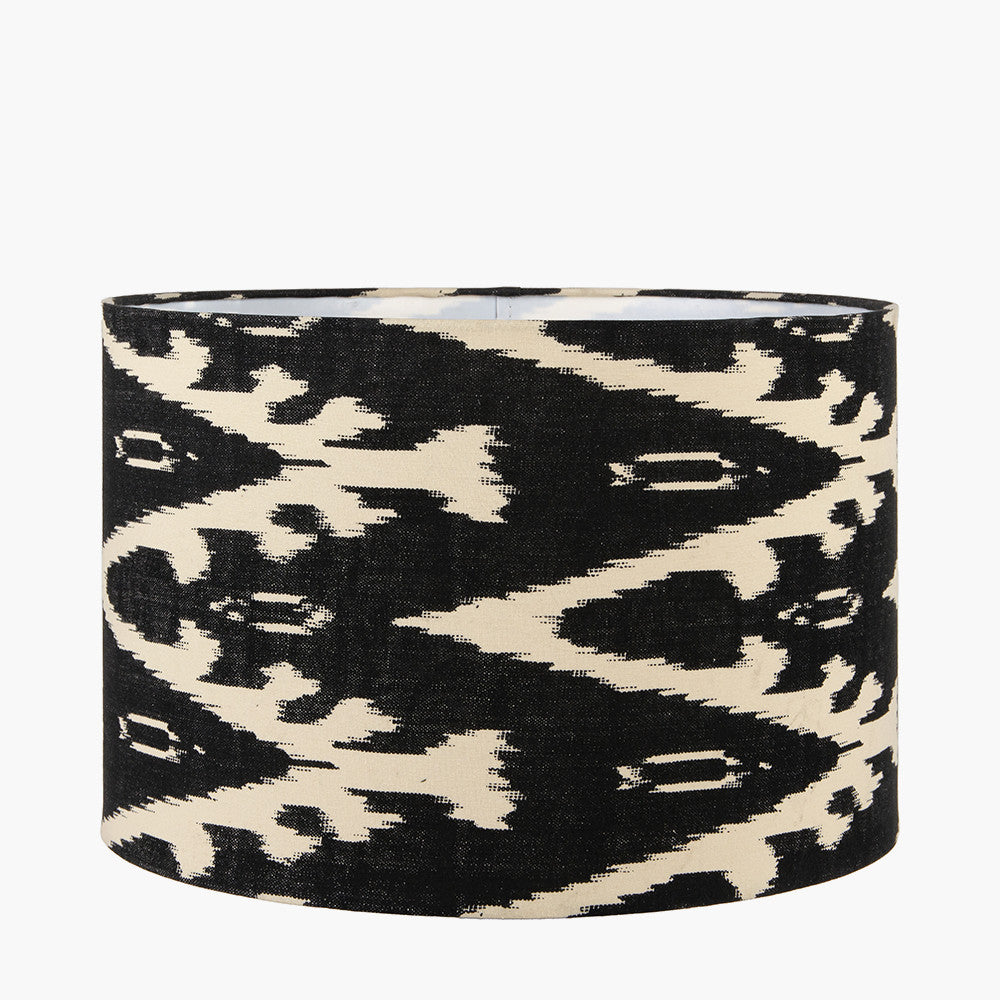 Pembury Brown Wash Large Turned Wood Table Lamp Base with Lars 40cm Black Ikat Patterned Cylinder Lampshade