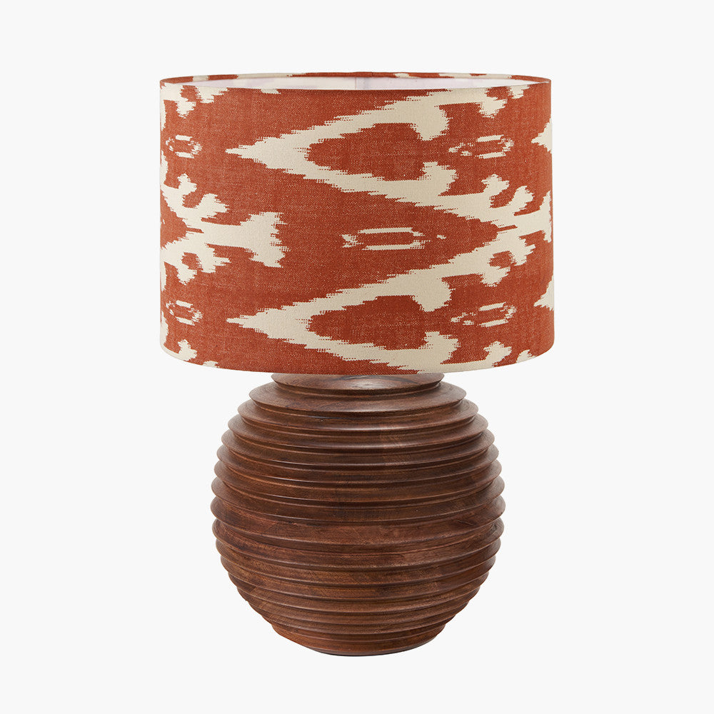 Pembury Brown Wash Large Turned Wood Table Lamp Base with Lars 40cm Cinnamon Ikat Patterned Cylinder Lampshade