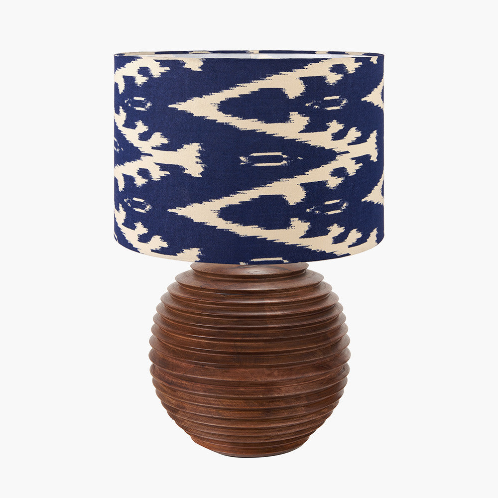 Pembury Brown Wash Large Turned Wood Table Lamp Base with Lars 40cm Ocean Blue Ikat Patterned Cylinder Lampshade