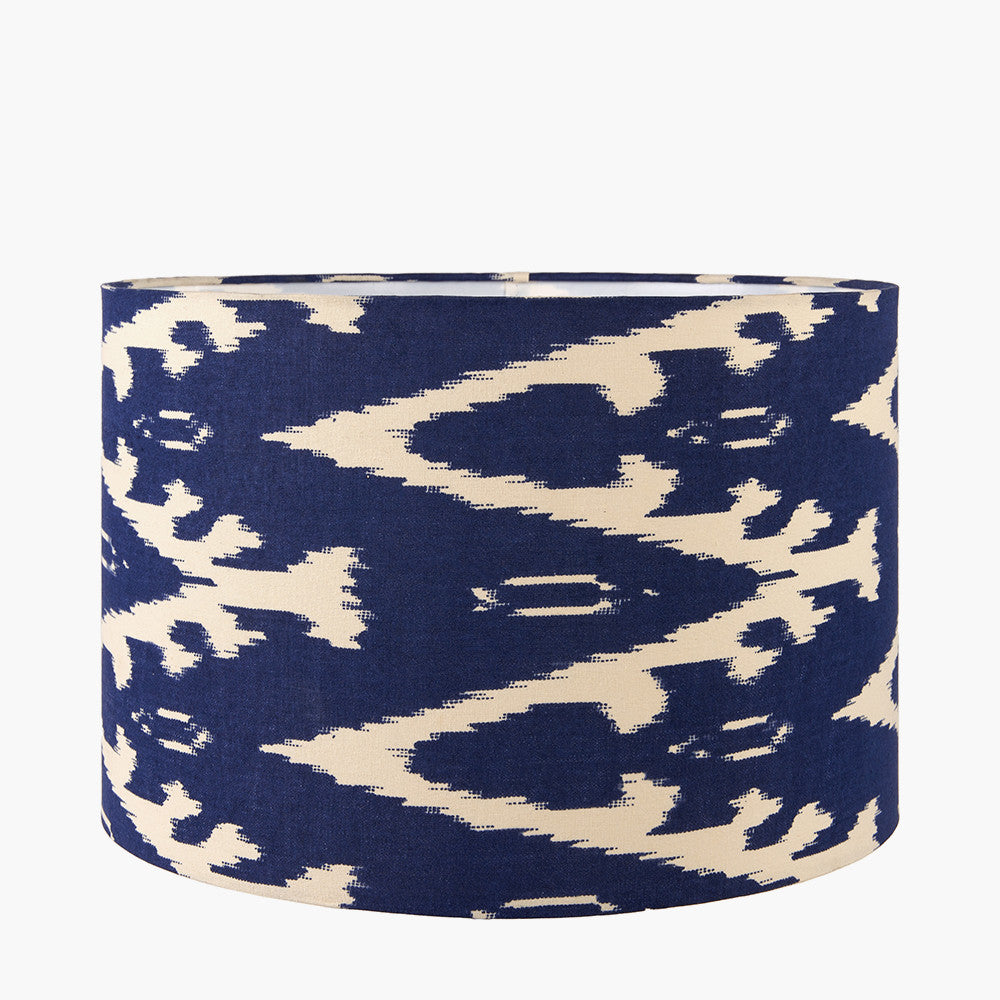 Pembury Brown Wash Large Turned Wood Table Lamp Base with Lars 40cm Ocean Blue Ikat Patterned Cylinder Lampshade