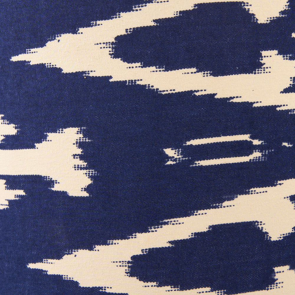 Pembury Brown Wash Large Turned Wood Table Lamp Base with Lars 40cm Ocean Blue Ikat Patterned Cylinder Lampshade