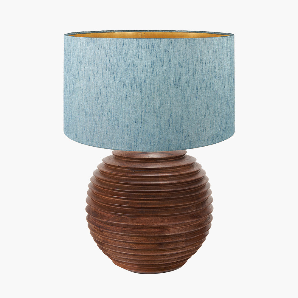 Pembury Brown Wash Large Turned Wood Table Lamp Base with Stellan 40cm Duck Egg Slubbed Silk Mix Gold Lined Cylinder Lampshade
