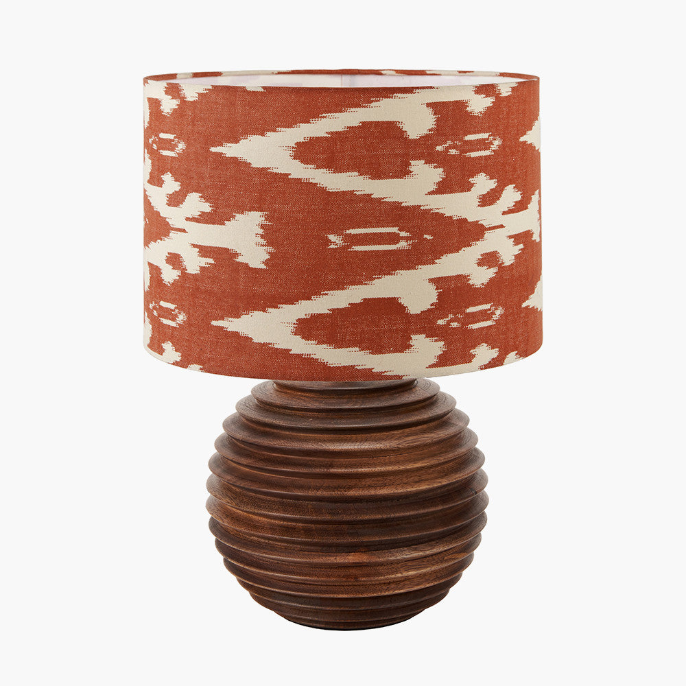 Pembury Brown Wash Turned Wood Table Lamp Base with Lars 30cm Cinnamon Ikat Patterned Cylinder Lampshade