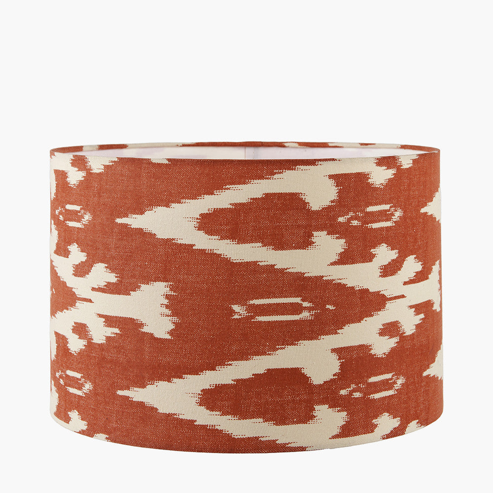 Pembury Brown Wash Turned Wood Table Lamp Base with Lars 30cm Cinnamon Ikat Patterned Cylinder Lampshade