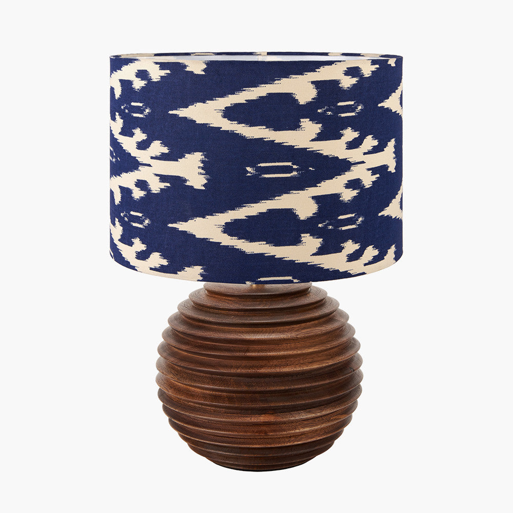 Pembury Brown Wash Turned Wood Table Lamp Base with Lars 30cm Ocean Blue Ikat Patterned Cylinder Lampshade