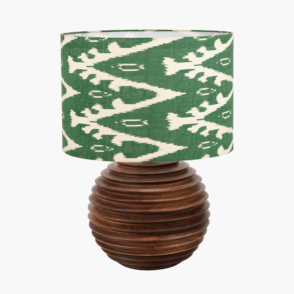 Pembury Brown Wash Turned Wood Table Lamp Base with Lars 30cm Racing Green Ikat Patterned Cylinder Lampshade