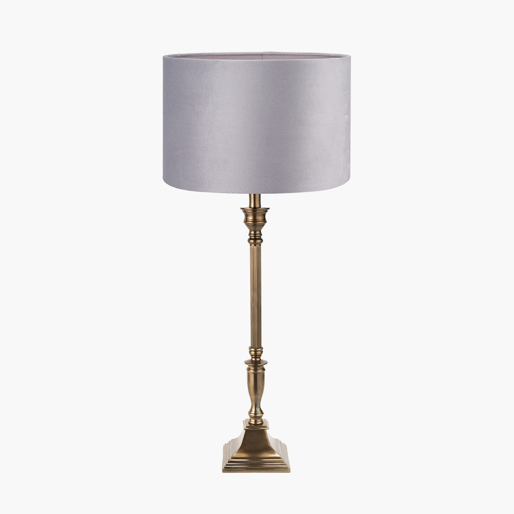 Canterbury Antique Brass Metal Table Lamp Base with Rene 35cm Light Grey Velvet Cylinder Lampshade