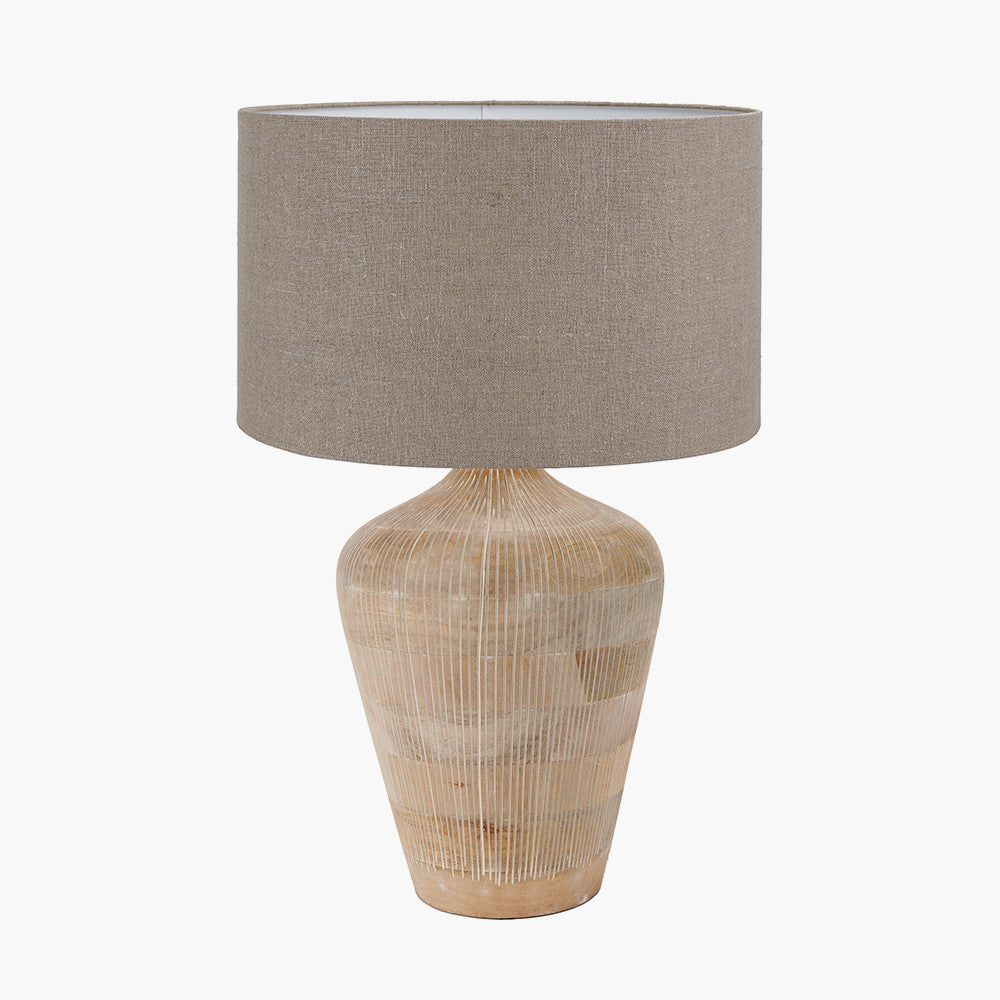 Taika White Wash Textured Wood Table Lamp Base with Edward 40cm Natural Linen Cylinder Lampshade