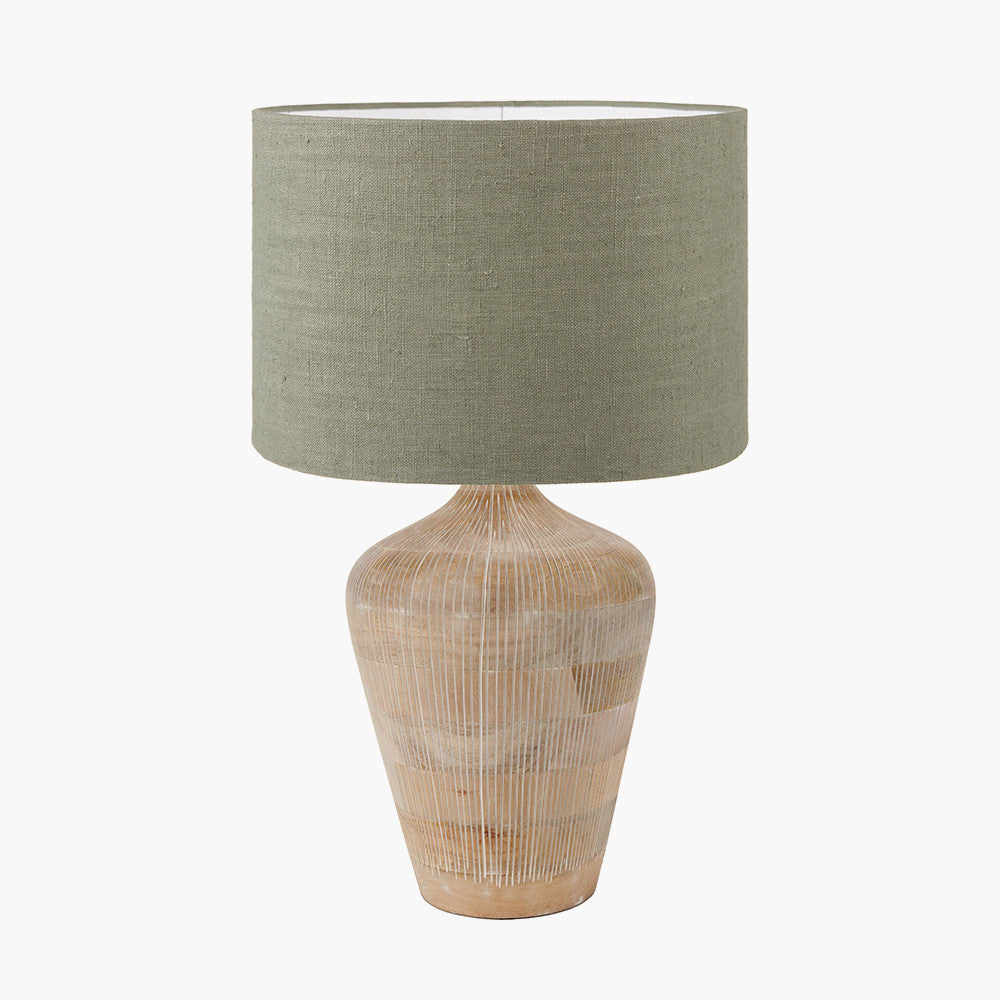 Taika White Wash Textured Wood Table Lamp Base with Edward 40cm Pistachio Green Linen Cylinder Lampshade