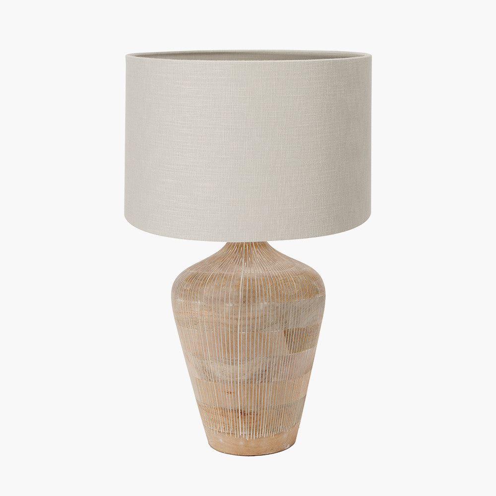 Taika White Wash Textured Wood Table Lamp Base with Lino 40cm Grey Self Lined Linen Cylinder Lampshade
