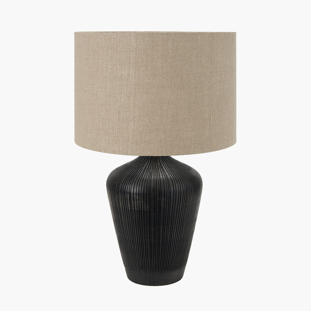 Taika Antique Black Textured Wood Table Lamp Base with Edward 40cm Natural Linen Cylinder Lampshade