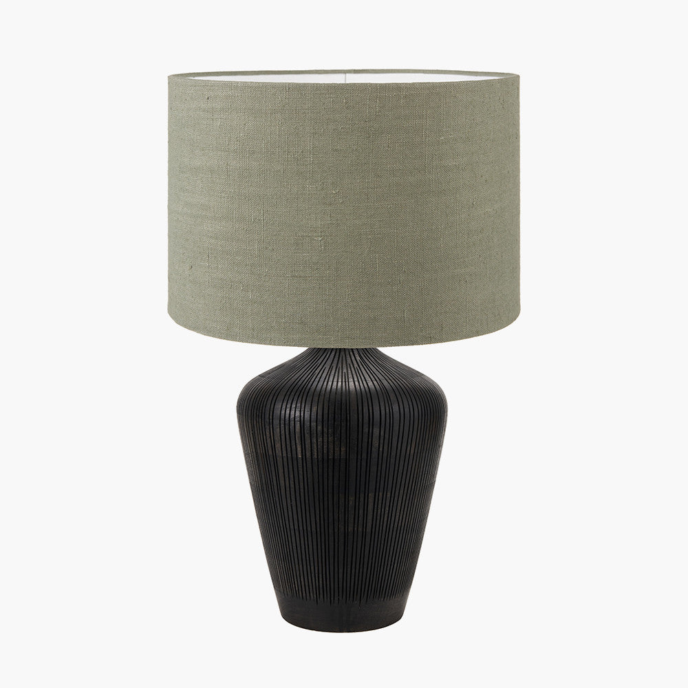 Taika Antique Black Textured Wood Table Lamp Base with Edward 40cm Pistachio Green Linen Cylinder Lampshade