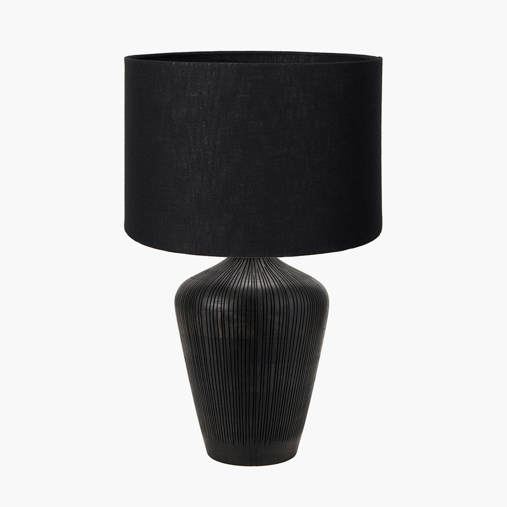 Taika Antique Black Textured Wood Table Lamp Base with Lino 40cm Black Self Lined Linen Cylinder Lampshade