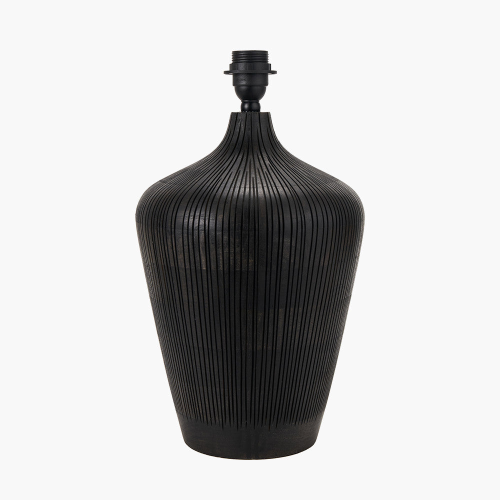 Taika Antique Black Textured Wood Table Lamp Base with Lino 40cm Black Self Lined Linen Cylinder Lampshade
