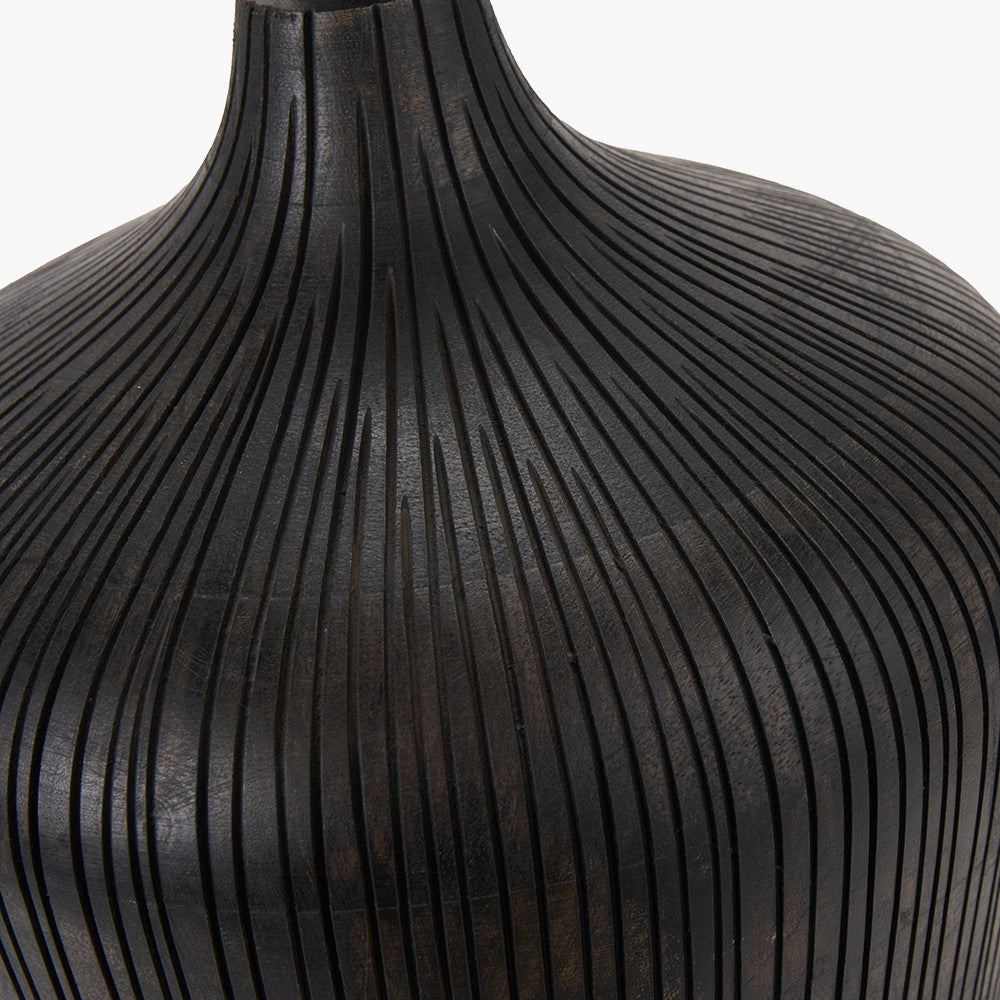 Taika Antique Black Textured Wood Table Lamp Base with Lino 40cm Black Self Lined Linen Cylinder Lampshade