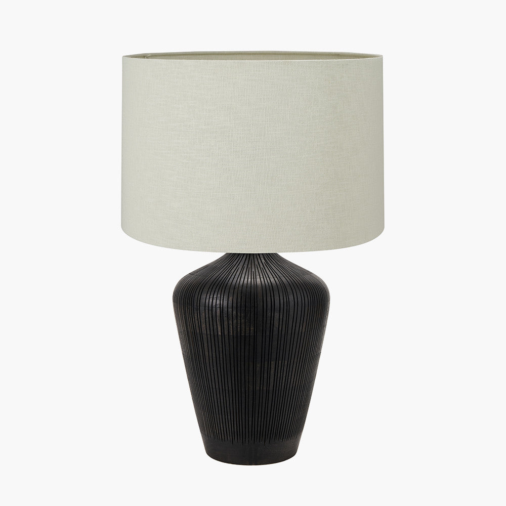 Taika Antique Black Textured Wood Table Lamp Base with Lino 40cm Cream Self Lined Linen Cylinder Lampshade