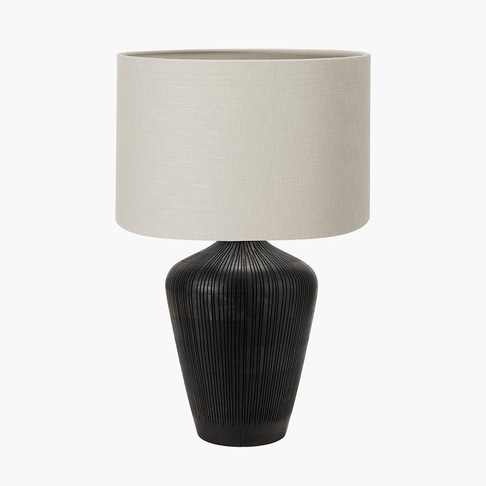 Taika Antique Black Textured Wood Table Lamp Base with Lino 40cm Grey Self Lined Linen Cylinder Lampshade