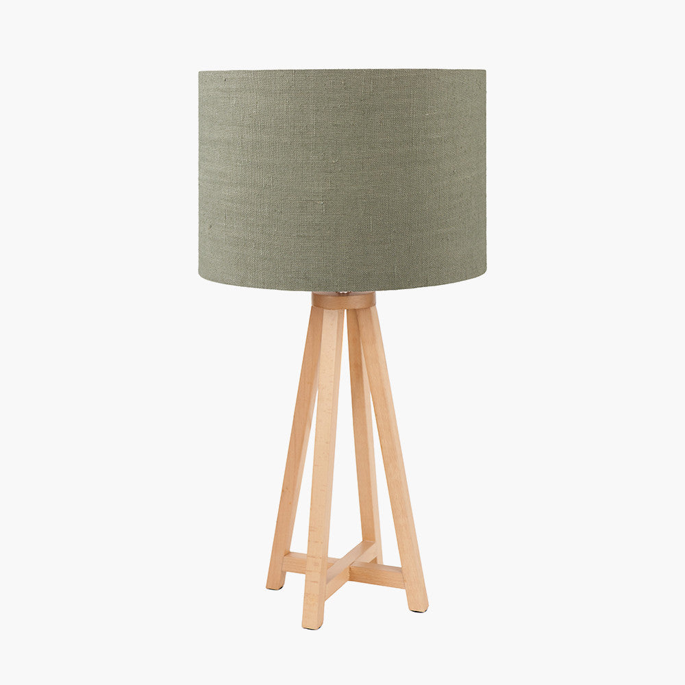 Whitby Natural Wood Tapered 4 Post Table Lamp Base with Edward 35cm Pistachio Green Linen Cylinder Lampshade
