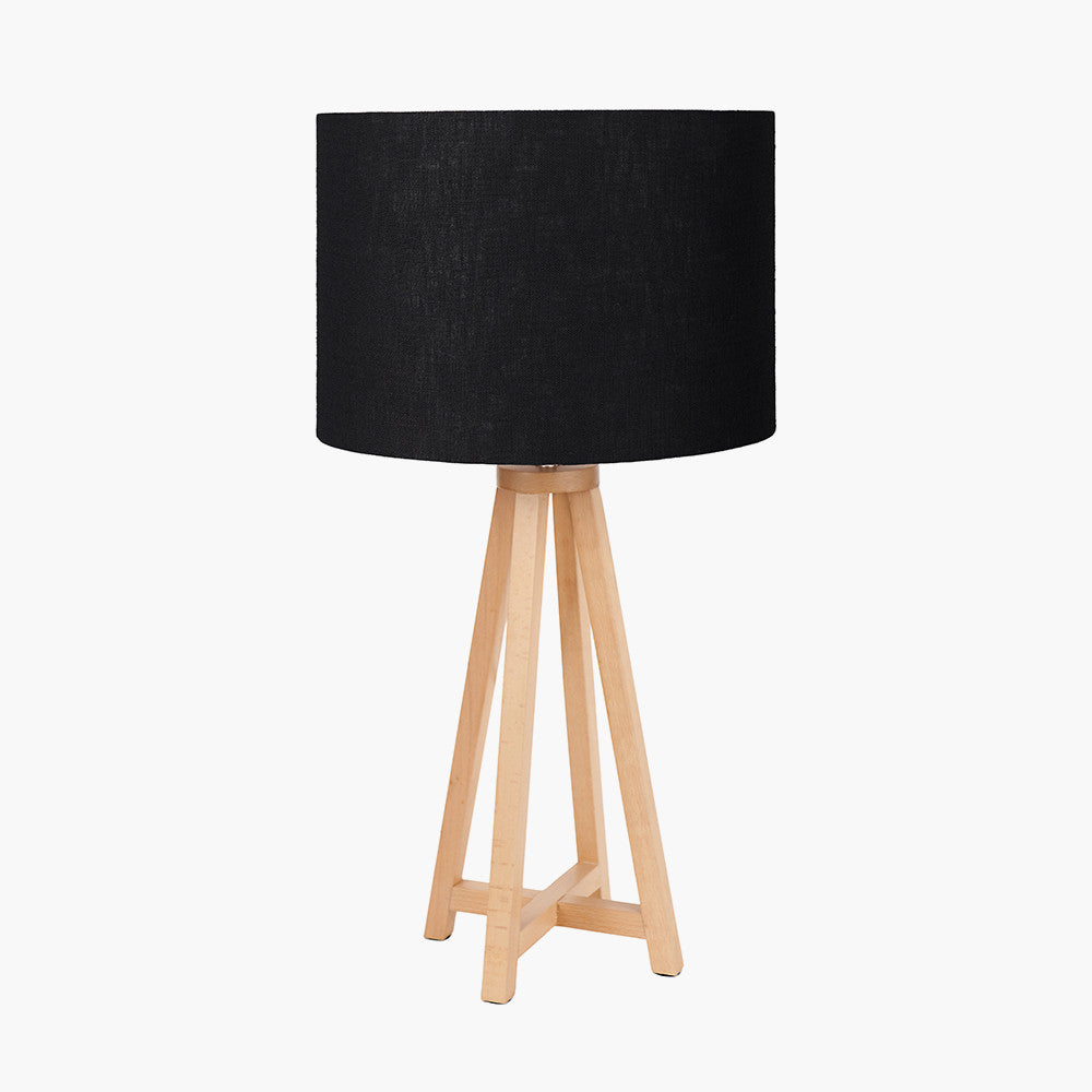 Whitby Natural Wood Tapered 4 Post Table Lamp Base with Lino 35cm Black Self Lined Linen Cylinder Lampshade