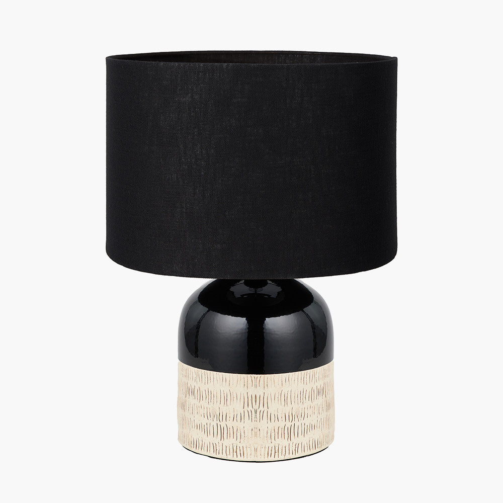 Lotta Black and Natural Stoneware Table Lamp Base with Lino 35cm Black Self Lined Linen Cylinder Lampshade