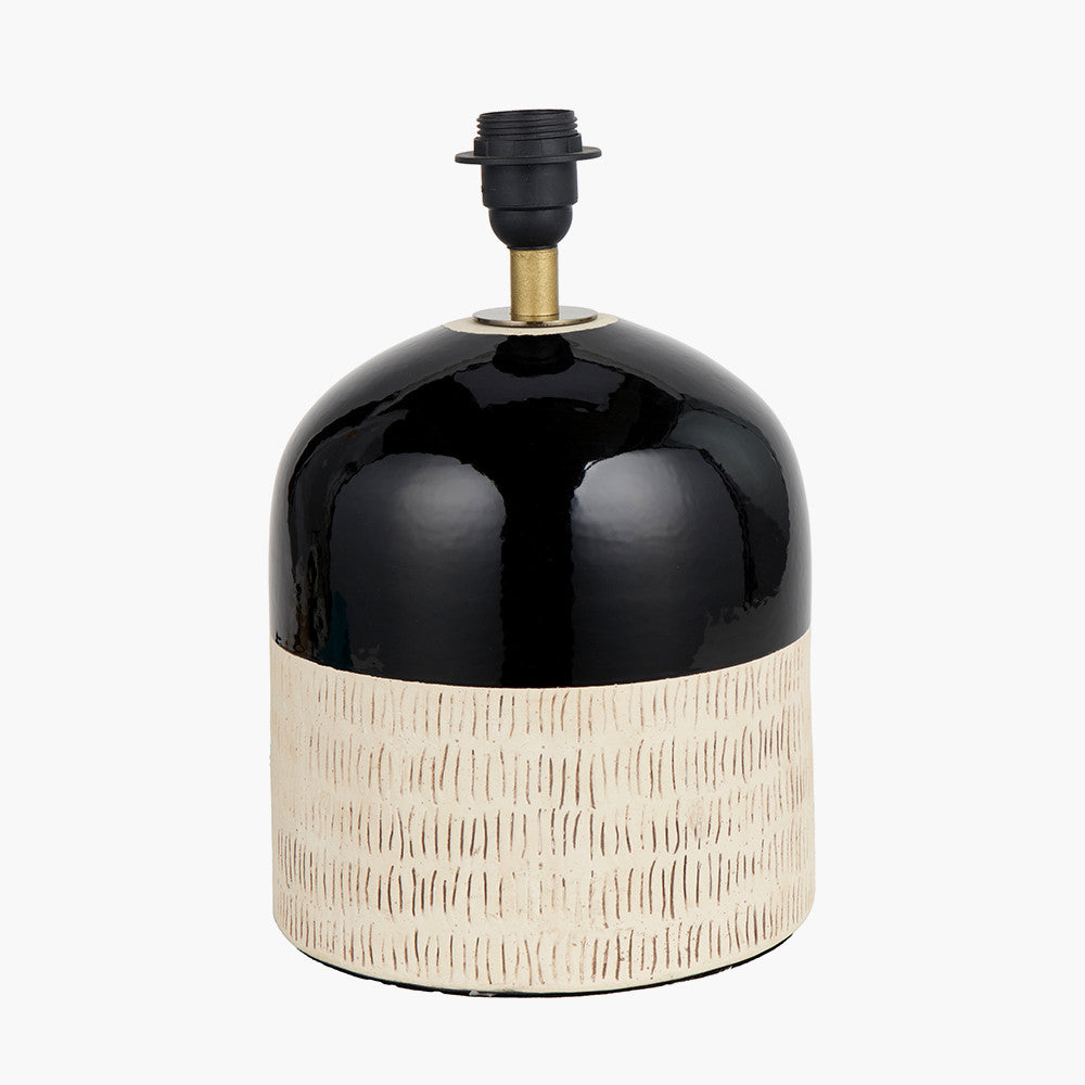 Lotta Black and Natural Stoneware Table Lamp Base with Lino 35cm Black Self Lined Linen Cylinder Lampshade