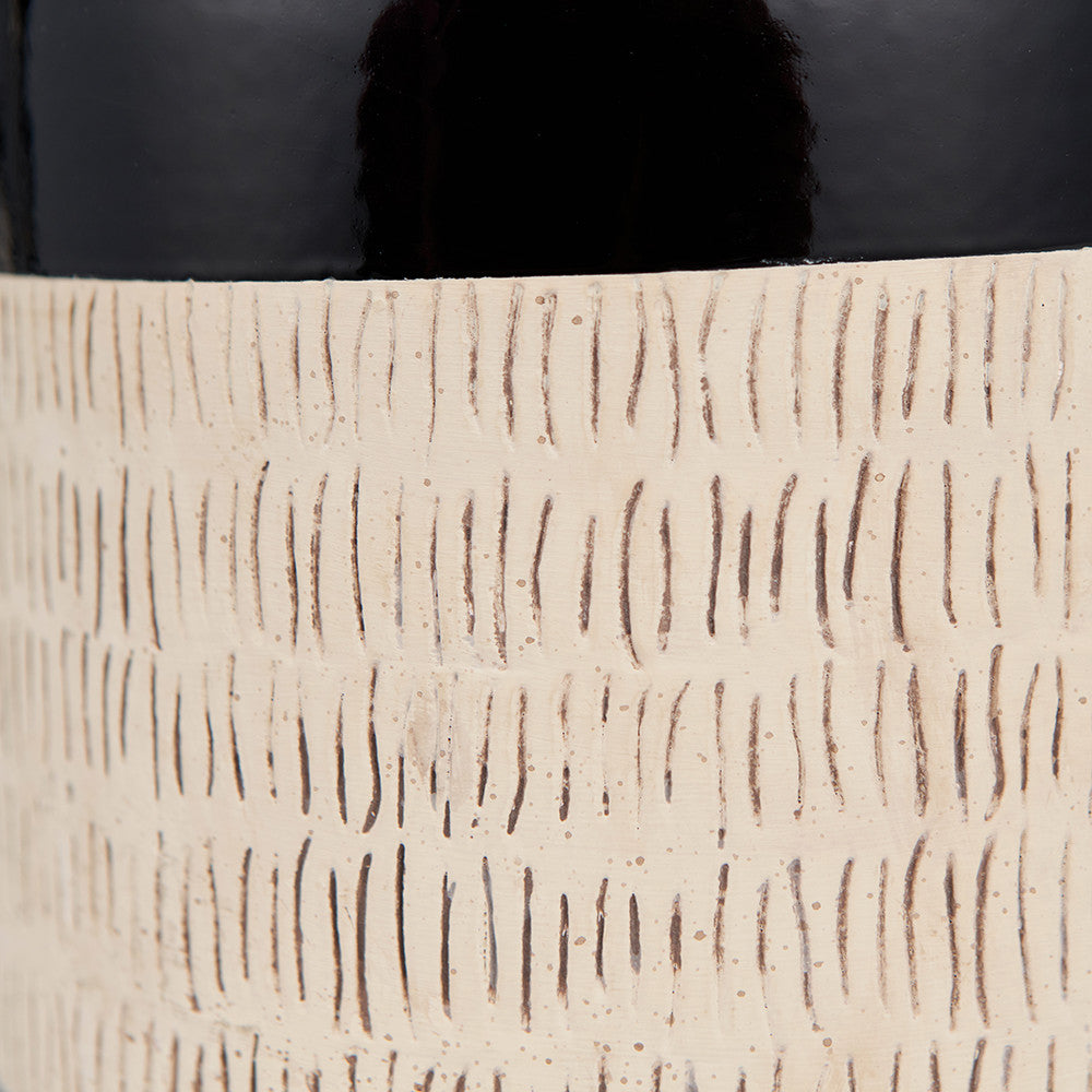 Lotta Black and Natural Stoneware Table Lamp Base with Lino 35cm White Self Lined Linen Cylinder Lampshade
