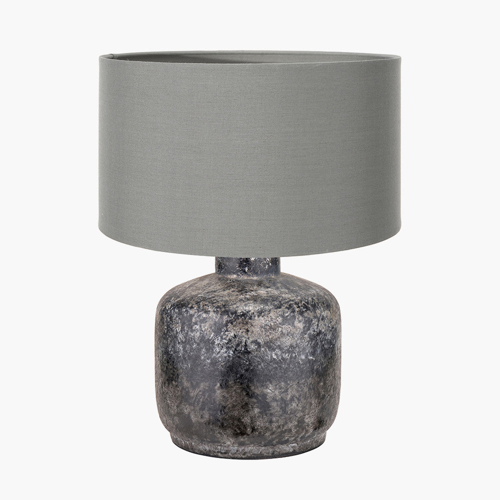 Vulcan Textured Volcanic Effect Grey Small Stoneware Table Lamp Base with Harry 30cm Steel Grey Cotton Mix Cylinder Lampshade
