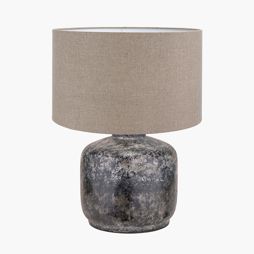 Vulcan Textured Volcanic Effect Grey Small Stoneware Table Lamp Base with Edward 30cm Natural Linen Cylinder Lampshade
