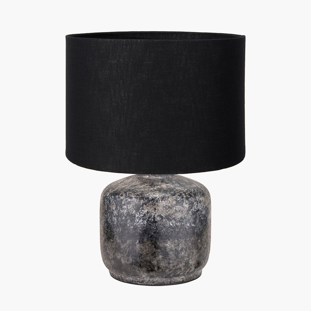 Vulcan Textured Volcanic Effect Grey Small Stoneware Table Lamp Base with Lino 25cm Black Self Lined Linen Cylinder Lampshade