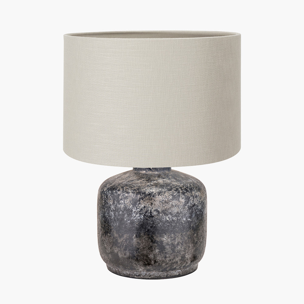 Vulcan Textured Volcanic Effect Grey Small Stoneware Table Lamp Base with Lino 25cm Grey Self Lined Linen Cylinder Lampshade