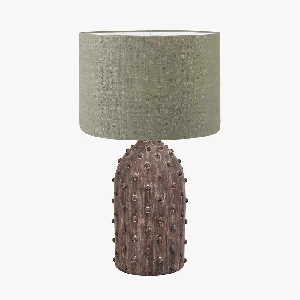 Kali Textured Dot Grey Stoneware Table Lamp Base with Edward 30cm Pistachio Green Linen Cylinder Lampshade