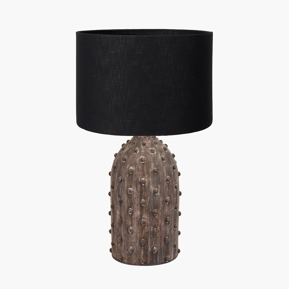 Kali Textured Dot Grey Stoneware Table Lamp Base with Lino 30cm Black Self Lined Linen Cylinder Lampshade