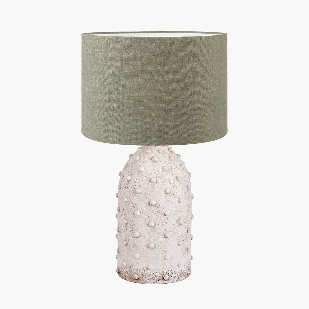 Kali Textured Dot Light Grey Stoneware Table Lamp Base with Edward 30cm Pistachio Green Linen Cylinder Lampshade