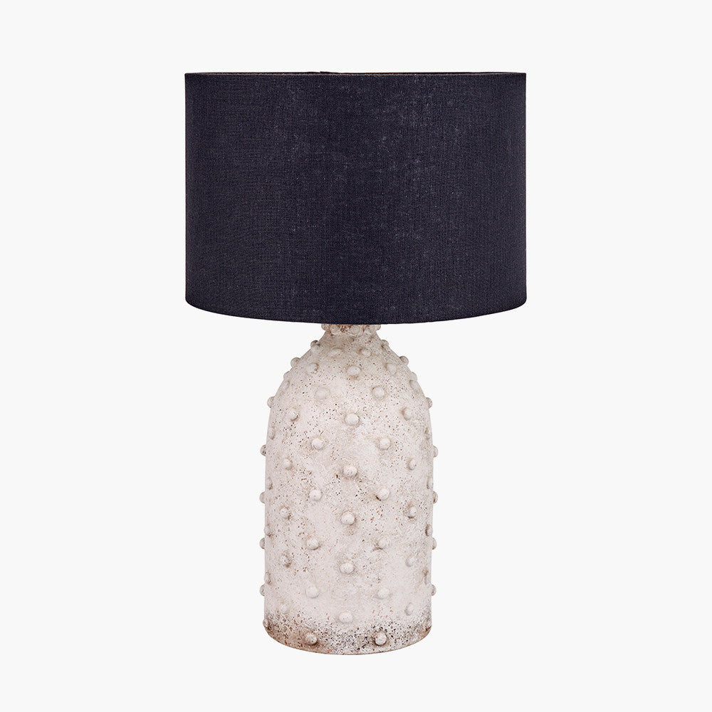 Kali Textured Dot Light Grey Stoneware Table Lamp Base with Lino 30cm Black Self Lined Linen Cylinder Lampshade