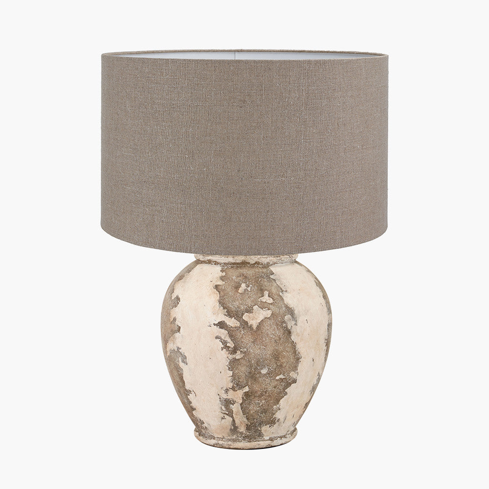 Lulia Antique Finish Stoneware Urn Table Lamp Base with Edward 45cm Natural Linen Cylinder Lampshade