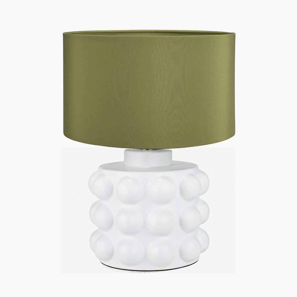 Serenity White Bobbled Ceramic Large Table Lamp Base with Harry 40cm Sage Cotton Mix Cylinder Lampshade