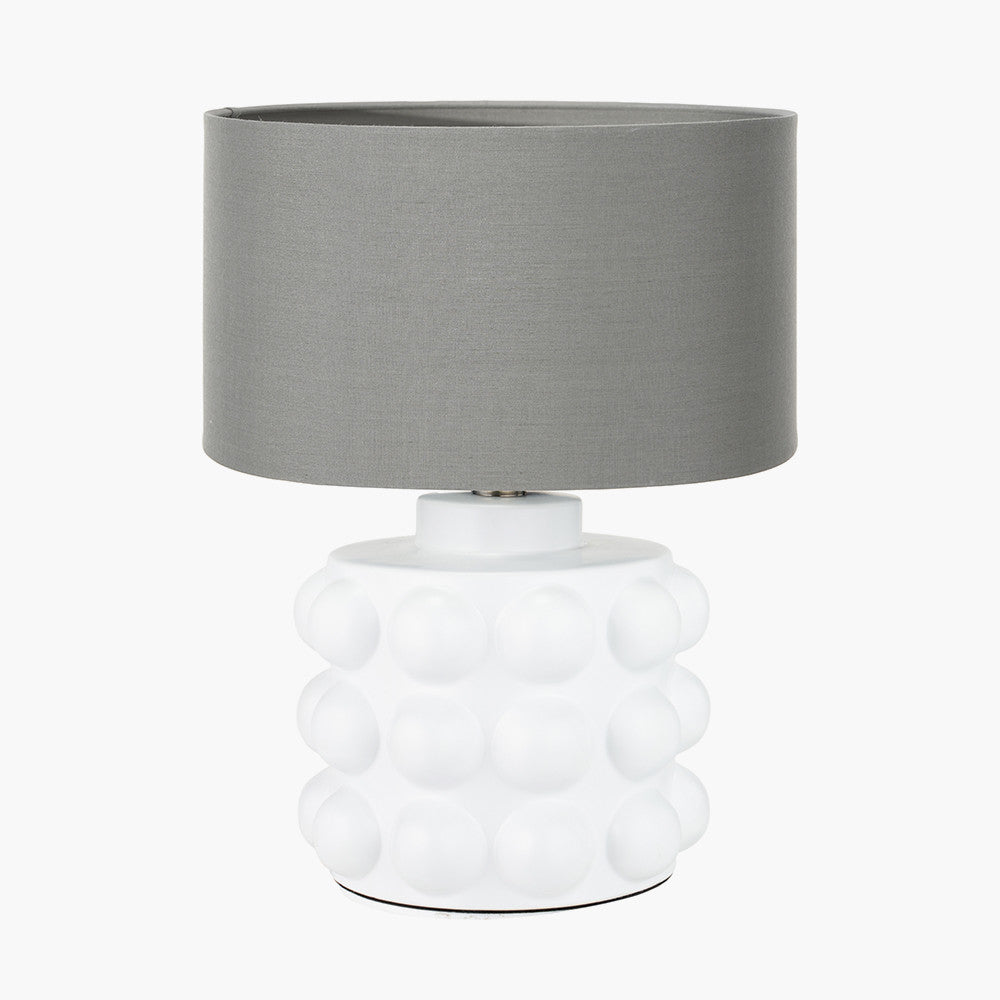 Serenity White Bobbled Ceramic Large Table Lamp Base with Harry 40cm Steel Grey Cotton Mix Cylinder Lampshade