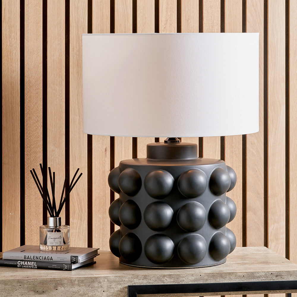 Serenity Black Bobbled Ceramic Large Table Lamp Base with Harry 40cm Ivory Cotton Mix Cylinder Lampshade