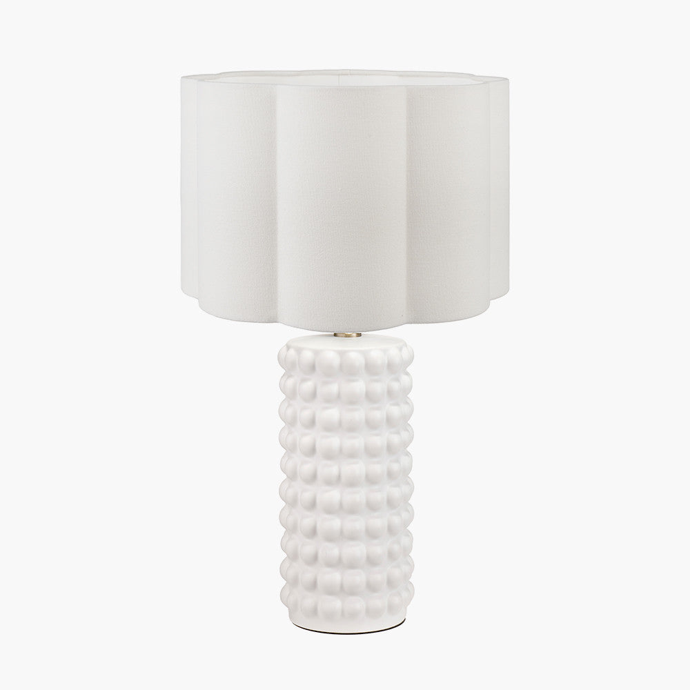 Sohan White Bobbled Ceramic Tall Table Lamp Base with Bloom 40cm White Handloom Scalloped Cylinder Lampshade