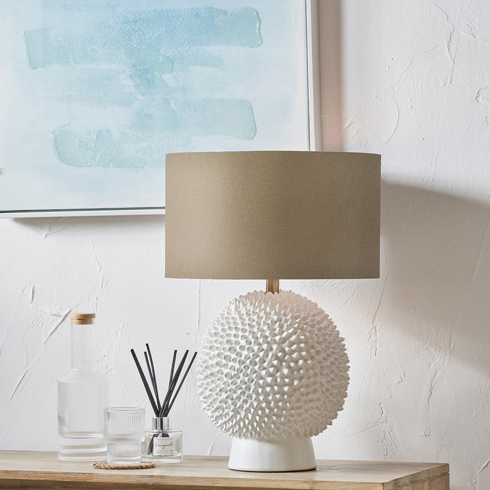 Wrenley Cream Ceramic Sea Urchin Table Lamp Base with Henry 35cm Taupe Handloom Cylinder Lampshade